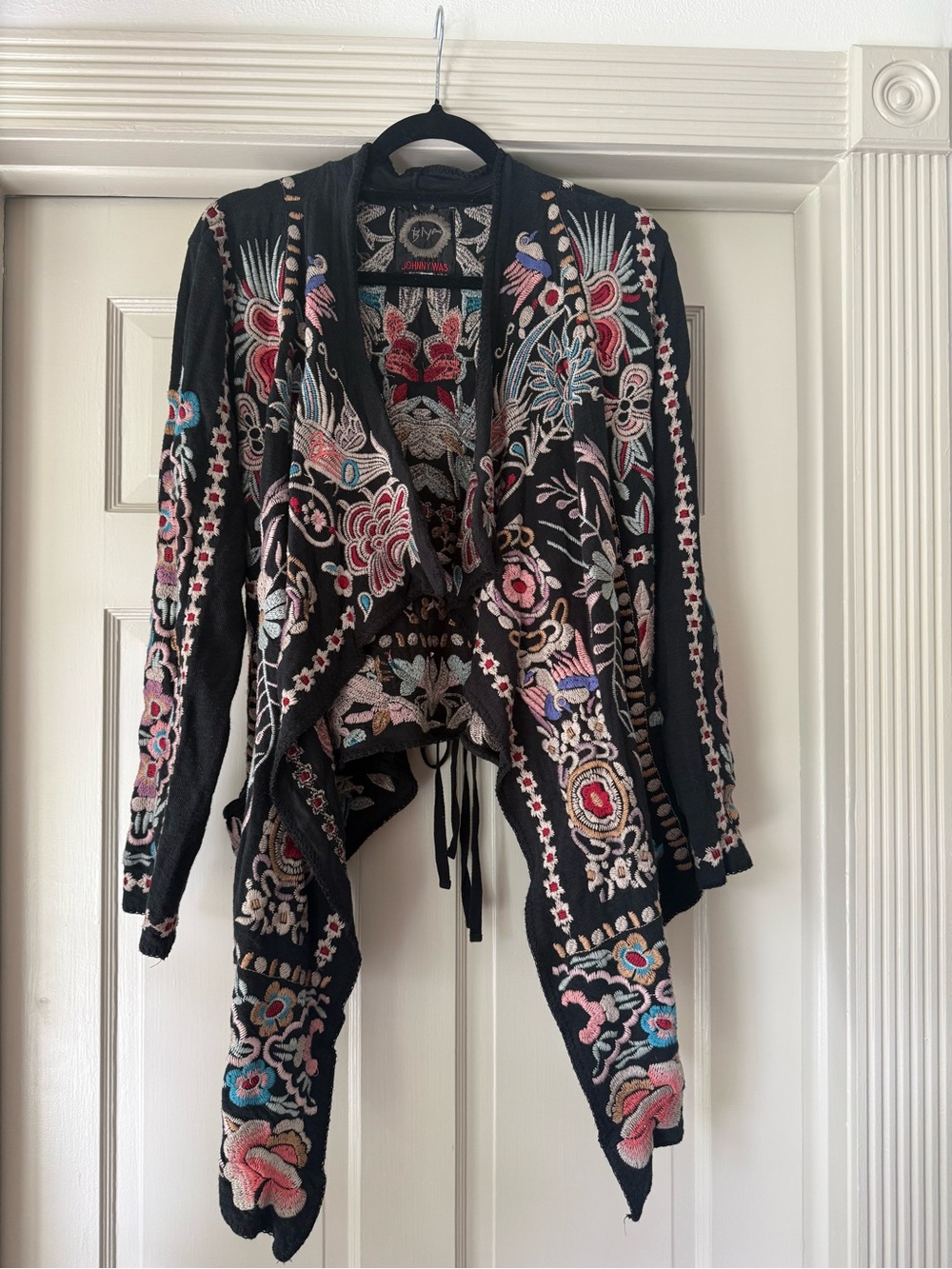 Johnny Was Black Embroidered Biya Floral Tie-Front Blouse
